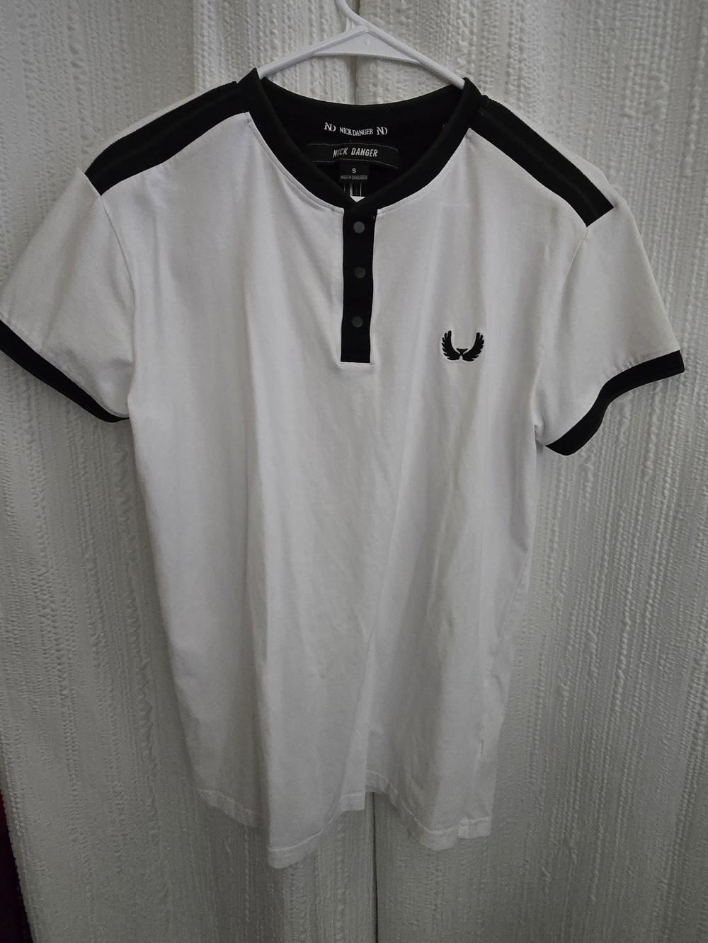 Men’s Small White Polo Henley with Black Trim - Nick Danger